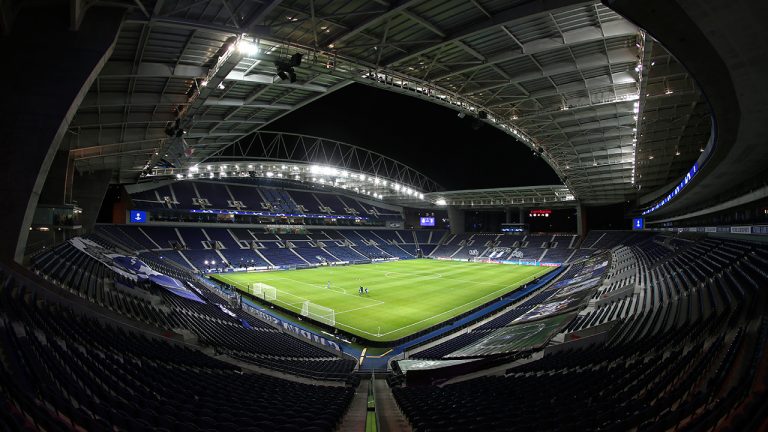 A view of Porto's Dragao stadium with its empty stands ahead of the Champions League round of 16, first leg, soccer match between FC Porto and Juventus, in Porto, Portugal, Wednesday, Feb. 17, 2021. (Luis Vieira/AP)