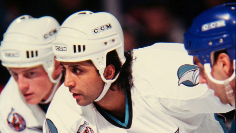 Robin Bawa skates during a 1992 NHL game with the San Jose Sharks. (San Jose Sharks/NHLI via Getty Images)