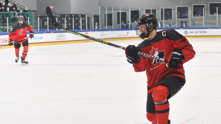 Team Canada captain Shane Wright shoots a puck against Belarus on the U-18 World Championship. (Hockey Canada/Twitter)