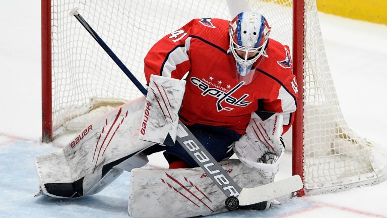 Washington Capitals goaltender Vitek Vanecek stops the puck during the first period of an NHL hockey game against the Boston Bruins, Tuesday, May 11, 2021, in Washington. (Nick Wass/AP)