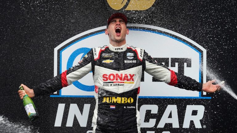 Rinus VeeKay, of the Netherlands, celebrates after winning the IndyCar auto race at Indianapolis Motor Speedway, Saturday, May 15, 2021, in Indianapolis. (Darron Cummings/AP)