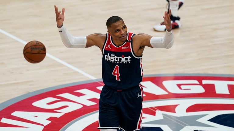 Washington Wizards guard Russell Westbrook reacts with the fans during a timeout during the second half of a basketball game against the Indiana Pacers, Monday, May 3, 2021, in Washington. (Alex Brandon/AP)