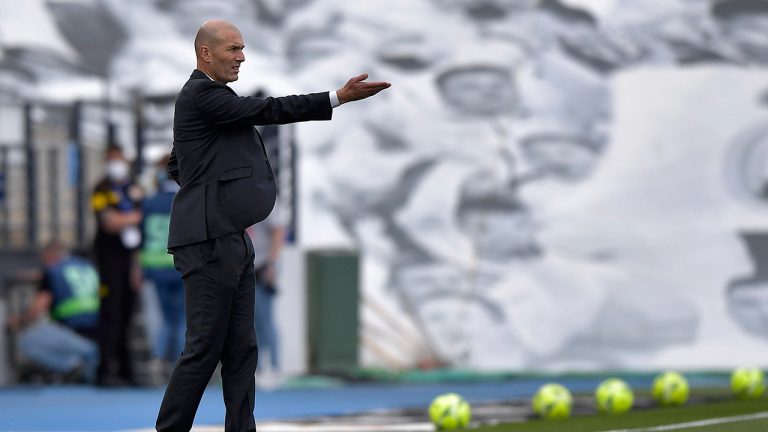 Real Madrid's head coach Zinedine Zidane gestures during the Spanish La Liga last round soccer match between Real Madrid and Villarreal at the Alfredo Di Stefano stadium in Madrid, Saturday, May 22, 2021. (Pablo Morano/AP)