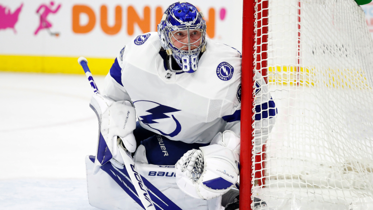 Tampa Bay Lightning goaltender Andrei Vasilevskiy watches the puck during the second period against the Carolina Hurricanes in Game 2 of an NHL hockey Stanley Cup second-round playoff series in Raleigh, N.C., Tuesday, June 1, 2021. (Karl B DeBlaker / AP) 