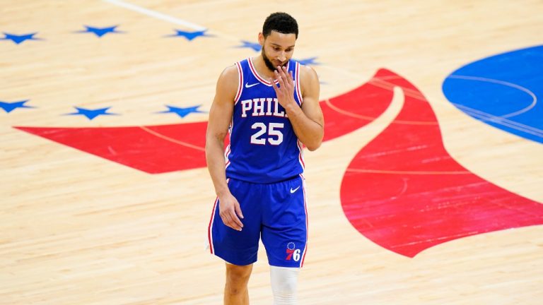 Philadelphia 76ers guard Ben Simmons wipes his face after missing a pair of free-throws during Game 5 against the Atlanta Hawks. (Matt Slocum/AP)