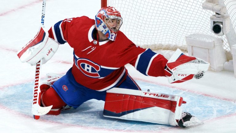 Montreal Canadiens goaltender Carey Price makes a save during second period NHL Stanley Cup playoff hockey action against the Toronto Maple Leafs, in Montreal, Monday, May 24, 2021. (Paul Chiasson/CP)