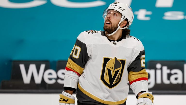 Vegas Golden Knights center Chandler Stephenson (20) looks up after scoring a goal against the San Jose Sharks during the third period of an NHL hockey game in San Jose, Calif., Saturday, Feb. 13, 2021. (Josie Lepe/AP)