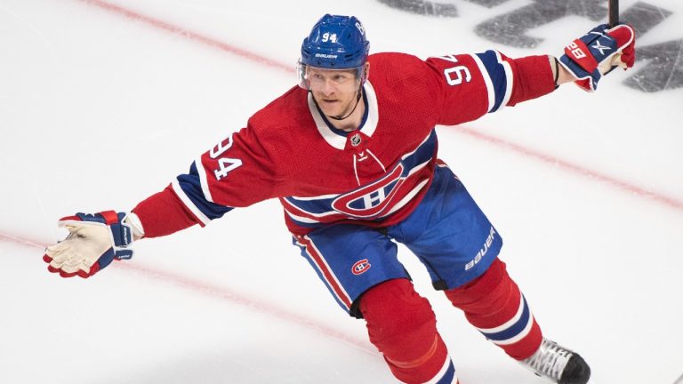 Montreal Canadiens’ Corey Perry (94) celebrates after scoring against the Toronto Maple Leafs during third period NHL Stanley Cup playoff hockey action in Montreal, Saturday, May 29, 2021. (Graham Hughes/CP)