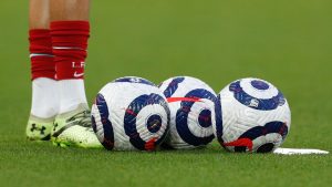 Soccer balls on a field before a game. (Phil Noble/AP) 