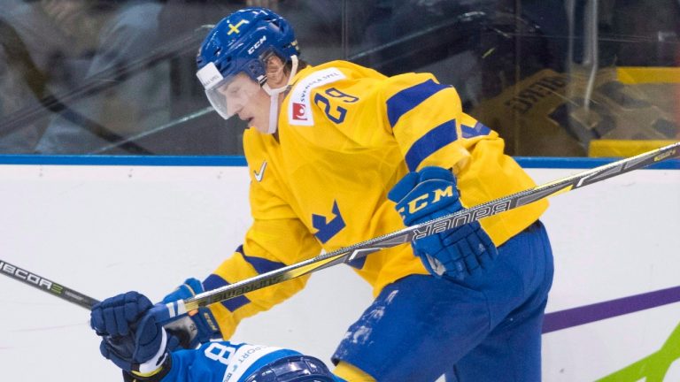 Sweden's Pontus Holmberg during the 2018 IIHF world juniors. (Jonathan Hayward/CP)