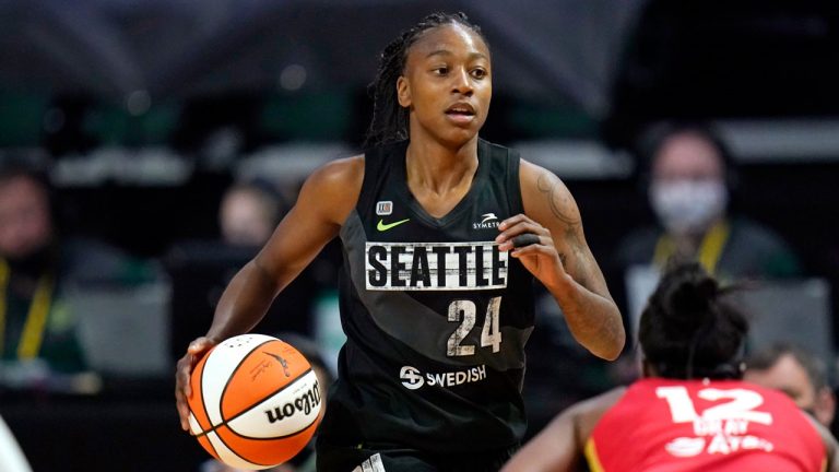 Seattle Storm forward Jewell Loyd dribbles the ball. (Elaine Thompson/AP)