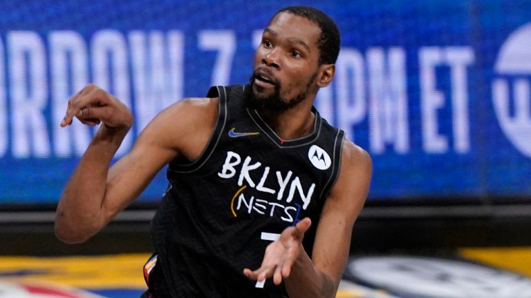 Brooklyn Nets forward Kevin Durant (7) watches as he sinks a 3-point shot during the fourth quarter of Game 5 of a second-round NBA basketball playoff series against the Milwaukee Bucks, Tuesday, June 15, 2021, in New York. (Kathy Willens/AP)