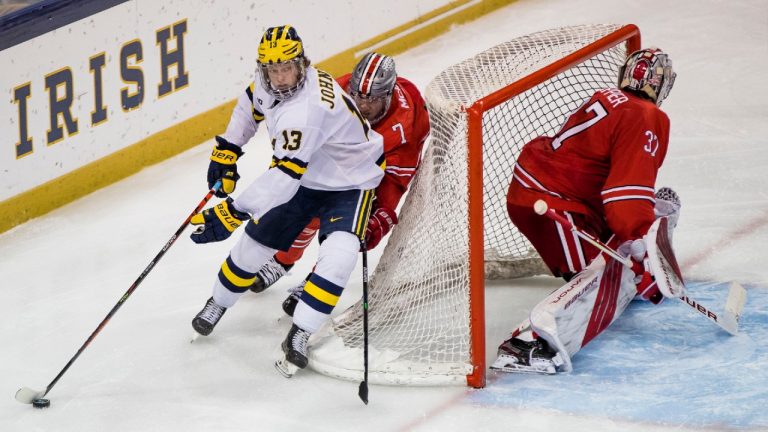 Michigan's Kent Johnson (13) wraps around the net. (Michael Caterina/South Bend Tribune via AP) 
