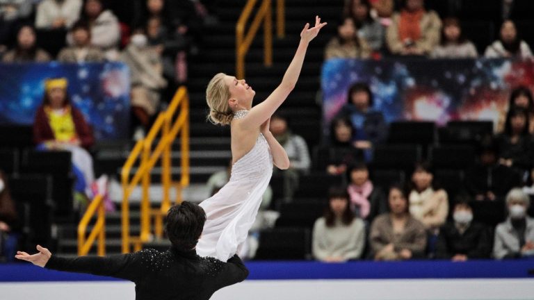 Canada's Kaitlyn Weaver and Andrew Poje perform their ice dance free dance during the ISU World Figure Skating Championships at Saitama Super Arena in Saitama, north of Tokyo, Saturday, March 23, 2019. (Andy Wong/AP)