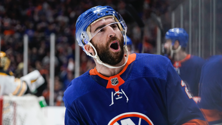 New York Islanders' Kyle Palmieri (21) celebrates after scoring a goal during the second period of Game 6 during an NHL hockey second-round playoff series against the Boston Bruins Wednesday, June 9, 2021, in Uniondale, N.Y. (Frank Franklin II / AP) 