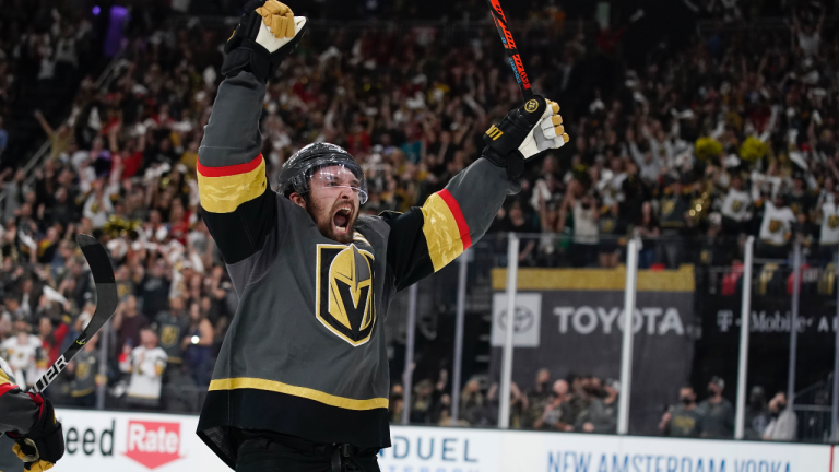 Vegas Golden Knights right wing Mark Stone (61) celebrates after the Vegas Golden Knights defeated the Colorado Avalanche in Game 3 of an NHL hockey Stanley Cup second-round playoff series Friday, June 4, 2021, in Las Vegas. (John Locher / AP) 