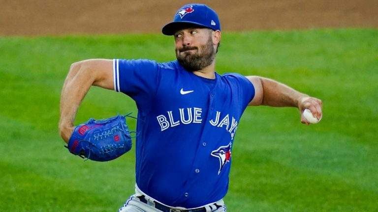 Toronto Blue Jays' Robbie Ray delivers a pitch during the first inning of the second game of a baseball doubleheader against the New York Yankees Thursday, May 27, 2021, in New York. (Frank Franklin II/AP) 