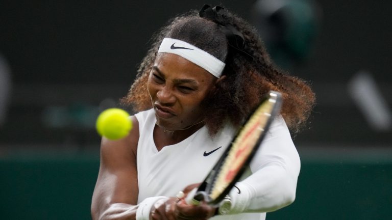 Serena Williams plays a return to Aliaksandra Sasnovich. (Kirsty Wigglesworth/AP)