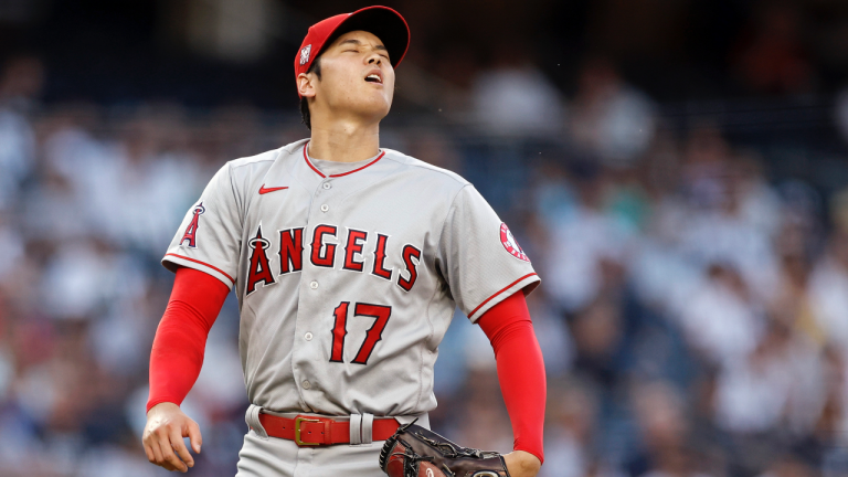 Los Angeles Angels pitcher Shohei Ohtani reacts during the first inning of the team's baseball game against the New York Yankees on Wednesday, June 30, 2021, in New York. (Adam Hunger / AP) 