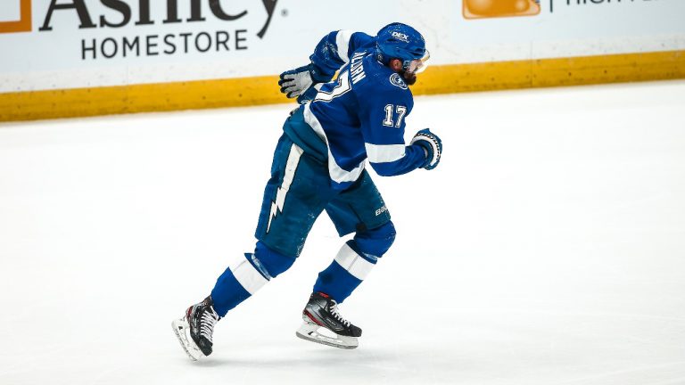 Lightning forward Alex Killorn leaves the ice after blocking a shot against the Canadiens in Game 1 of the 2021 Stanley Cup Final. (Alex D'Addese/Sportsnet)