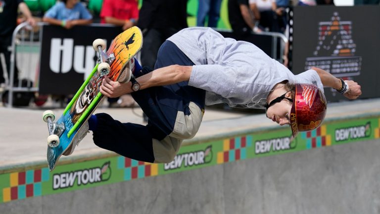 Andy Anderson, of Canada, competes in the Olympic qualifying skateboard event at Lauridsen Skatepark, Saturday, May 22, 2021, in Des Moines, Iowa. (Charlie Neibergall/AP) 