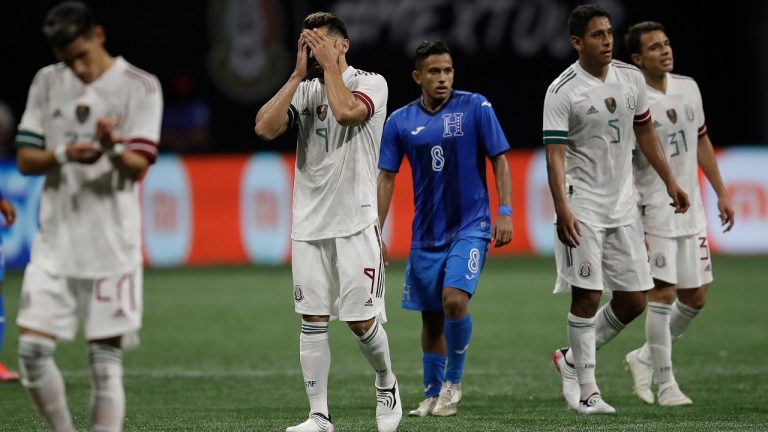 Mexico's Henry Martin (9) places his hands to his face at the end of an international friendly soccer match against Honduras on Saturday, June 12, 2021, in Atlanta. (/Ben Margot/AP)