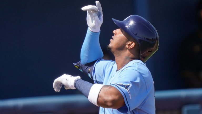 Tampa Bay Rays' Wander Franco, celebrates after he hits a home run in the first inning during a spring training baseball game against the Pittsburgh Pirates on Wednesday, March 3, 2021, in Port Charlotte, Fla. (Brynn Anderson/AP)