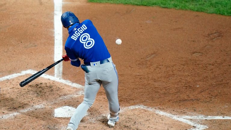 Toronto Blue Jays' Cavan Biggio hits a two-run single. (Matt Slocum/AP) 