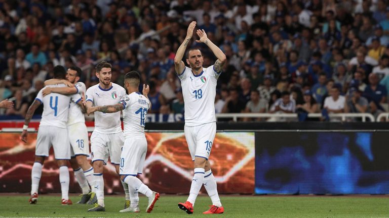 Italy's Leonardo Bonucci, centre reacts after scoring against Greece, during the Euro 2020 group J qualifying soccer match between Greece and Italy at Olympic stadium in Athens, Saturday, June 8, 2019. (Yorgos Karahalis/AP) 