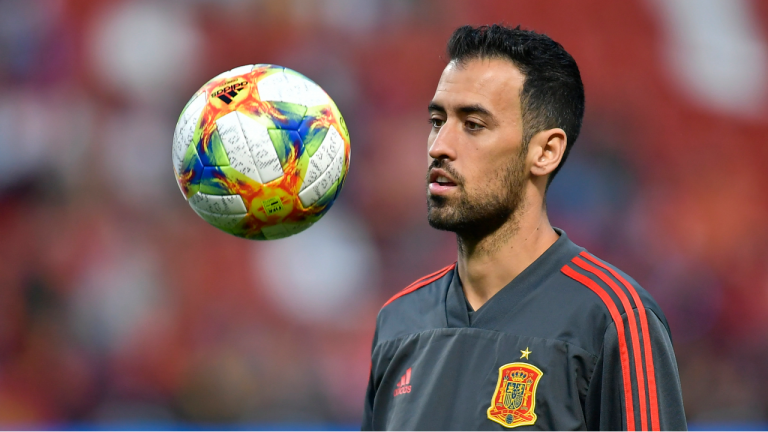 Spain's Sergio Busquets warms up before the Euro 2020 group F qualifying soccer match between Spain and Faroe Islands at the Molinon stadium in Gijon, Spain, Sunday, Sept. 8, 2019. (Alvaro Barrientos/AP)