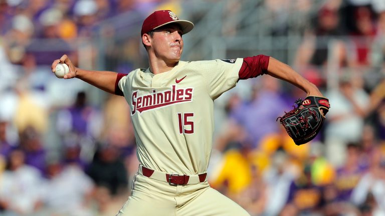 C.J. Van Eyk, pitching for Florida State in Baton Rouge, La., Sunday, June 9, 2019. (Gerald Herbert/AP) 