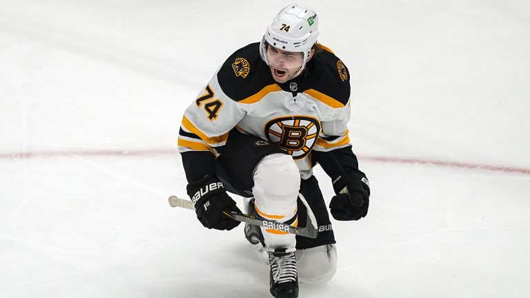 Boston Bruins left wing Jake DeBrusk (74) celebrates his goal during the first period of Game 2 of an NHL hockey Stanley Cup first-round playoff series against the Washington Capitals, Monday, May 17, 2021, in Washington. (Alex Brandon/AP) 