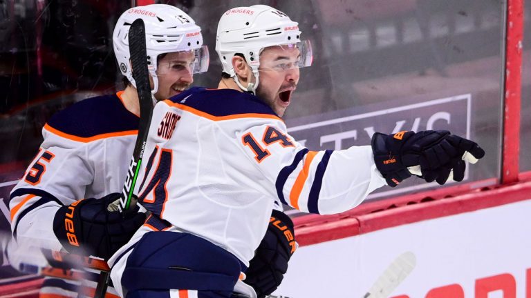 Edmonton Oilers' Devin Shore (14) celebrates his game winning goal against the Ottawa Senators during third period NHL action. (Sean Kilpatrick/CP)