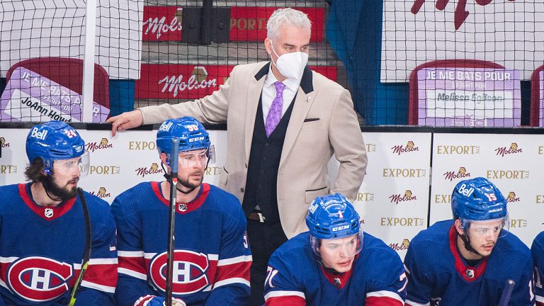 Montreal Canadiens head coach Dominique Ducharme looks on during an NHL hockey game against the Winnipeg Jets in Montreal, Saturday, April 10, 2021. (Graham Hughes/CP) 