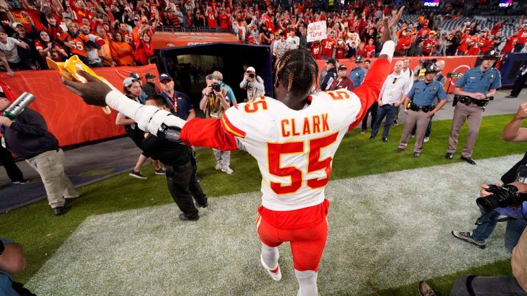 Kansas City Chiefs defensive end Frank Clark (55) leaves the field after an NFL football game. (Jack Dempsey/AP) 