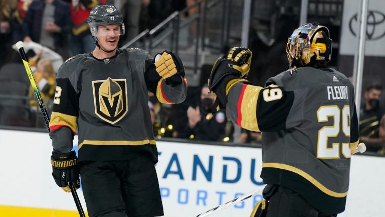 Vegas Golden Knights defenceman Nick Holden, left, celebrates with goaltender Marc-Andre Fleury (29) after Holden scored a goal against Colorado Avalanche during the first period in Game 6 of an NHL hockey Stanley Cup second-round playoff series Thursday, June 10, 2021, in Las Vegas. (John Locher/AP) 
