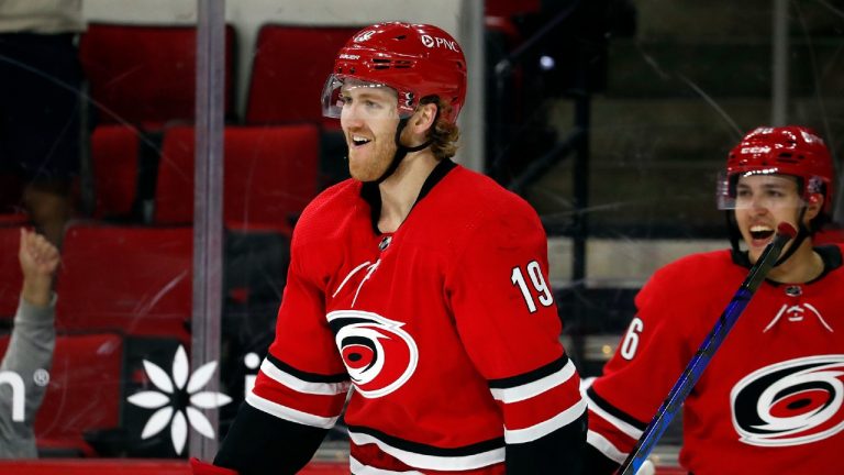 Carolina Hurricanes' Dougie Hamilton (19) celebrates his game-winning goal. (Karl B DeBlaker/AP) 