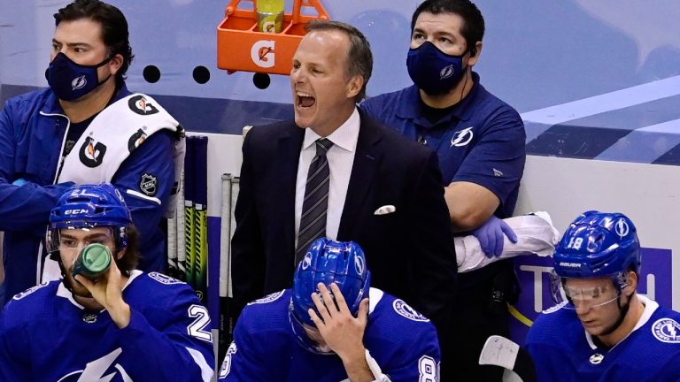 The Tampa Bay Lightning head coach Jon Cooper reacts after a goal was called back due to an offside against the Boston Bruins during first period NHL Stanley Cup Eastern Conference playoff hockey action in Toronto, Tuesday, Aug. 25, 2020. (Frank Gunn/CP)