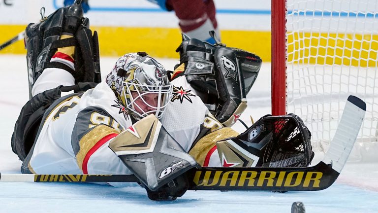 Vegas Golden Knights goaltender Robin Lehner (90) dives to make a save against the Colorado Avalanche in the second period of Game 1 of an NHL hockey Stanley Cup second-round playoff series. (Jack Dempsey/AP)