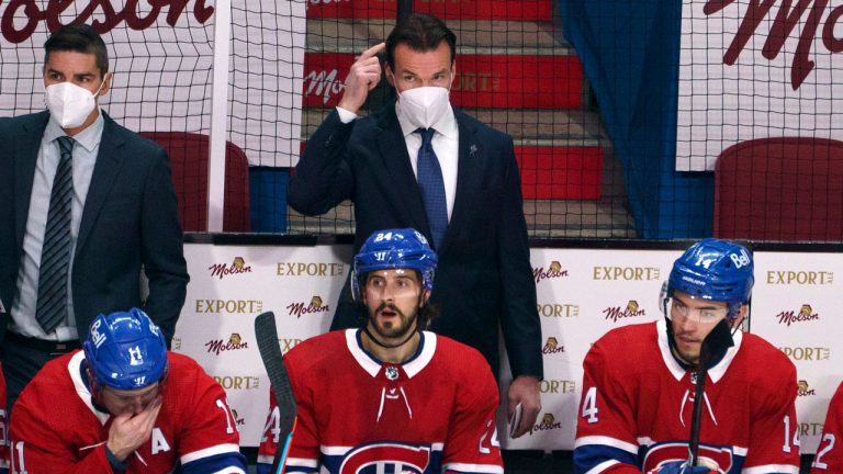 Montreal Canadiens replacement coach Luke Richardson is seen behind the team bench as they face the Vegas Golden Knights during first period of Game 3 of the NHL Stanley Cup semifinal Friday, June 18, 2021 in Montreal. (Paul Chiasson/CP)