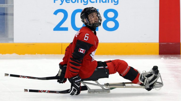 Canada's Rob Armstrong looks up at the display board after scoring against Sweden during a preliminary round for the 2018 Winter Paralympics held at the Gangneung Hockey Centre in Gangneung, South Korea, Saturday, March 10, 2018. (Ng Han Guan/AP)