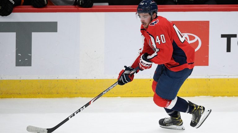 Washington Capitals centre Garrett Pilon skates with the puck during the third period of the team's NHL hockey game against the Philadelphia Flyers, Saturday, May 8, 2021, in Washington. (Nick Wass/AP)