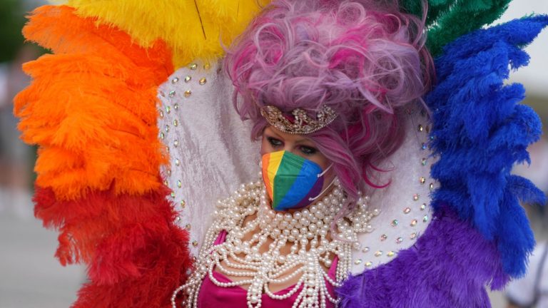 A football supporter wears a rainbow costume before the Euro 2020 soccer championship group F match between Germany and Hungary at the Allianz Arena in Munich, Germany,Wednesday, June 23, 2021. (Matthias Schrader/AP)