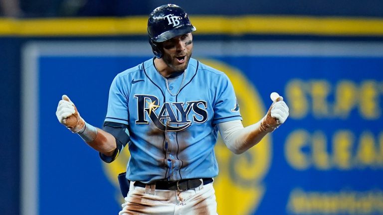 Tampa Bay Rays' Kevin Kiermaier reacts after his double off Boston Red Sox relief pitcher Darwinzon Hernandez breaks up a no-hit bid during the eighth inning of a baseball game Thursday, June 24, 2021, in St. Petersburg, Fla. (Chris O'Meara/AP)