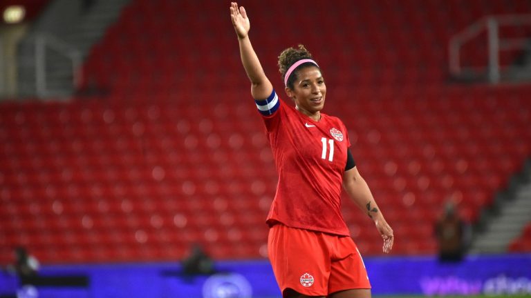 Canada's Desiree Scott reacts during the women's international friendly soccer match between England and Canada at Bet365 stadium in Stoke on Trent, England, Tuesday, April 13, 2021. (Rui Vieira/AP)