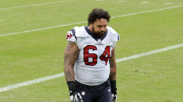 Houston Texans offensive guard Senio Kelemete (64) leaves the field after the Texans lost to the Tennessee Titans 42-36 in overtime of an NFL football game Sunday, Oct. 18, 2020, in Nashville, Tenn. (Mark Zaleski/AP) 