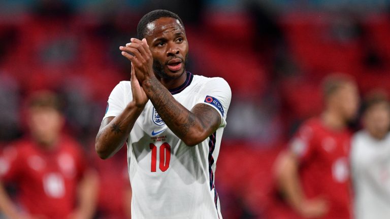 England's Raheem Sterling applauds the fans as he leaves the pitch after being substituted during the Euro 2020 soccer championship group D match between the Czech Republic and England at Wembley stadium in London, Tuesday, June 22, 2021. (Justin Tallis, Pool photo via AP) 