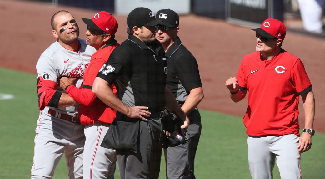 Cincinnati Reds' Joey Votto gets ejected during fan's first game