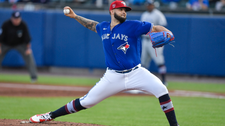 Toronto Blue Jays pitcher Alek Manoah throws to a Tampa Bay Rays batter during the second inning of a baseball game in Buffalo, N.Y., Friday, July 2, 2021. (Adrian Kraus / AP) 