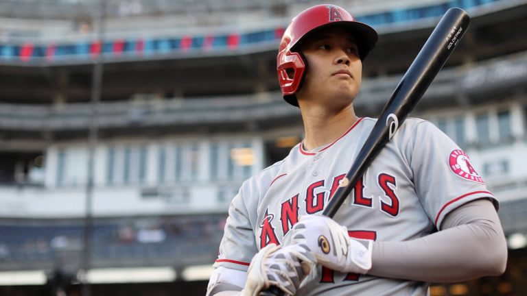 NEW YORK, NY - JUNE 28: Shohei Ohtani #17 of the Los Angeles Angels looks on before the game between the Los Angeles Angels and the New York Yankees at Yankee Stadium on Monday, June 28, 2021